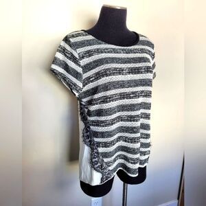IZ Byer Black White Stripe Mixed Media Blouse Top Lace Knit Semi Sheer Size XL